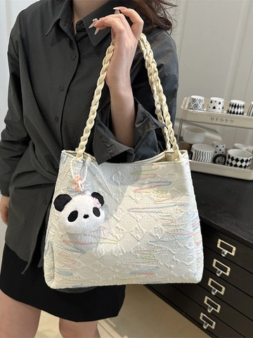 Große Canvas Tote Bag Für Damen Besticktes Farbiges Wellenmuster Geprägter Stoff Geflochtener Griff Panda Anhänger