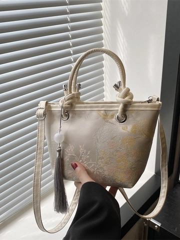 Bolso de Cubo Bordado Floral de Estilo Chino Nuevo Bolso de Hombro de Lona para Mujer con Asa de Nudo y Borla