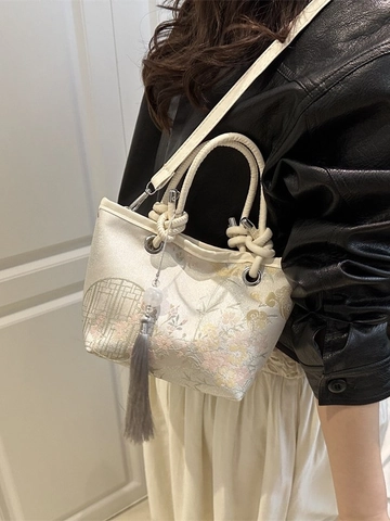Bolso de Cubo Bordado Floral de Estilo Chino Nuevo Bolso de Hombro de Lona para Mujer con Asa de Nudo y Borla