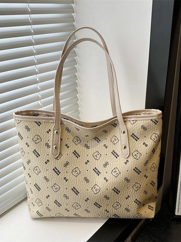 Borsa Tote Grande Capacità Donna Pelle PU Stampa Orso Cartone Animato Cerniera Borsa A Spalla Moda Versatile