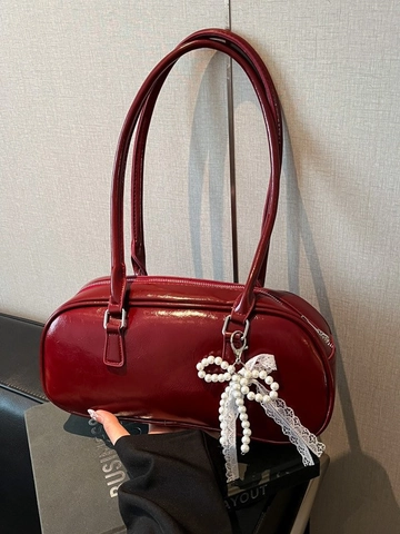 Damen Ballett-Stil Unterarmtasche Große Kapazität PU-Leder Umhängetasche Spitze Perle Schleife Herz-Anhänger Minimalistische Baguette Tasche
