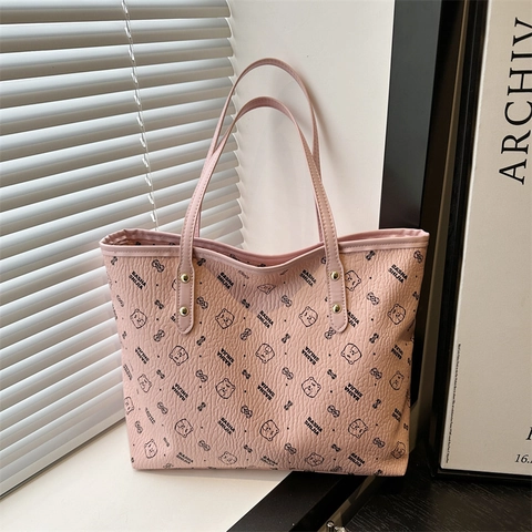 Borsa Tote da Donna alla Moda di Grande Capacità Borsa a Tracolla in Pelle PU Stampata Stile Coreano Casual con Orso