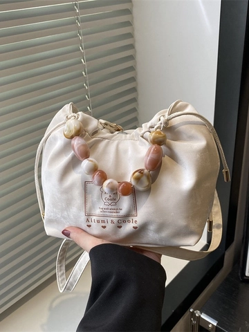 Damen Eimertasche PU Leder Perlen Griff Kordelzug Umhängetasche Elegant Buchstabe Druck Schultertasche