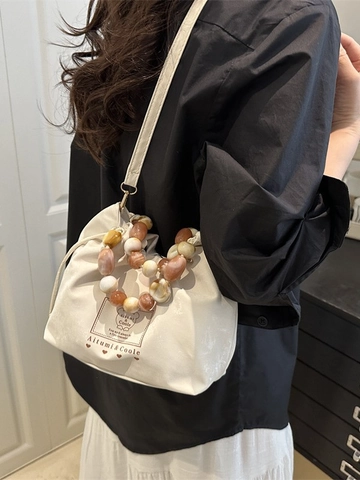 Damen Eimertasche PU Leder Perlen Griff Kordelzug Umhängetasche Elegant Buchstabe Druck Schultertasche