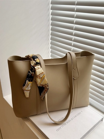 Borsa Tote da Donna in Pelle PU Retrò Grande Capacità Borsa a Spalla da Pendolare Con Sciarpa Decorativa in Raso Stampato