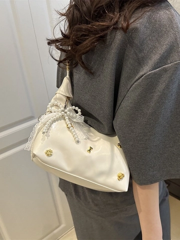 Sweet PU Leather Hobo Bag Artificial Pearl Lace Bow Charm Korean Style Half Moon Crossbody Shoulder Bag For Women Trendy Dumpling Bag