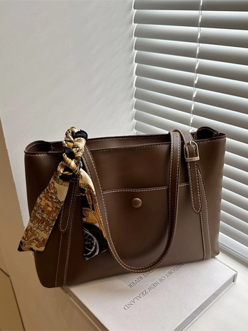 Damen Vintage PU Leder Tote Bag Große Kapazität Umhängetasche Mit Dekorativem Bedrucktem Schal Kontrastnähten Urban Einfache Handtasche