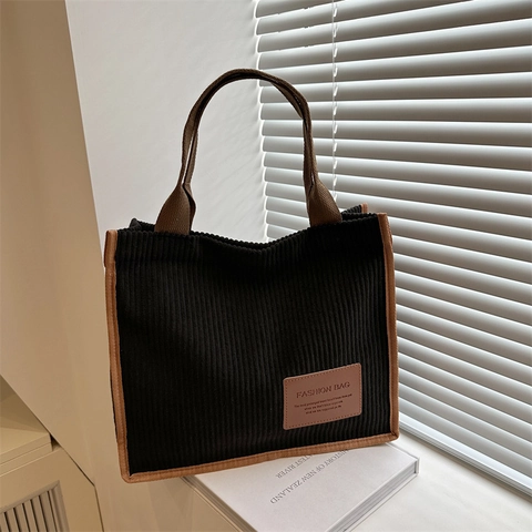 Women Large Corduroy Tote Bag Student School Shoulder Bag High Capacity Solid Color Vintage Casual Handbag With Leather Patch