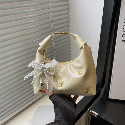 Women Fashion Synthetic Leather Hobo Bag Pearl Lace Bow Knot Crossbody Shoulder Bag Cat Paw Bone Decor Dumpling Bag Handbag