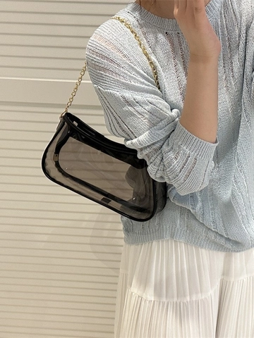 Women Fashion Transparent Jelly Underarm Bag PVC Synthetic Leather Edging With Metal Chain Shoulder Bag For Daily Commute