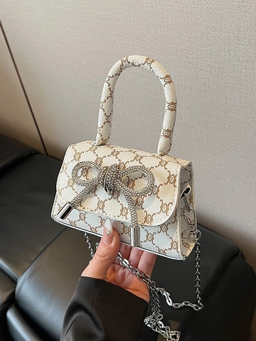 Women Fashion Mini Handbag Luxury Rhinestone Bow Monogram Crossbody Bag Vintage PU Leather Square Purse With Metal Chain Strap