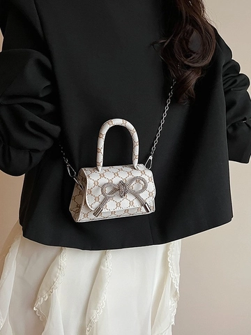 Women Fashion Mini Handbag Luxury Rhinestone Bow Monogram Crossbody Bag Vintage PU Leather Square Purse With Metal Chain Strap
