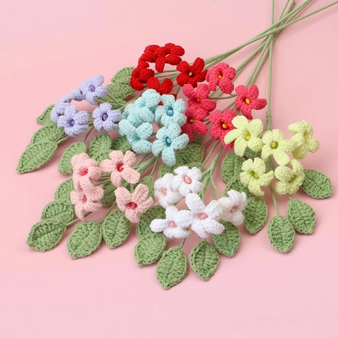 Crochet Flowers Artificial Bouquet Handmade Yarn Knitted Wool Floral Stem With Green Leaves For Home Desk Wedding Decor Aesthetic