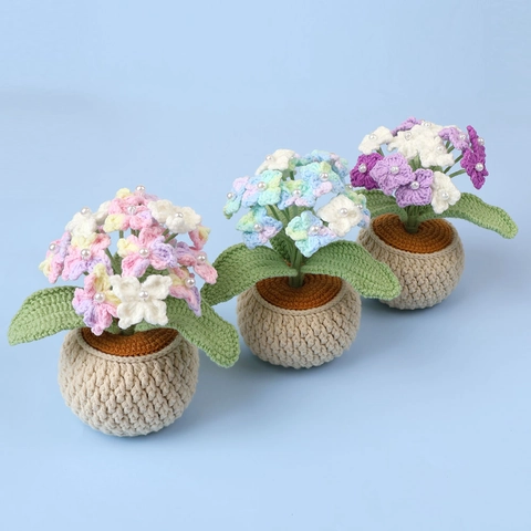 Handmade Crochet Hydrangea Potted Plant Woolen Yarn Simulation Flower Desk Ornament Creative Gift For Home Office Decoration