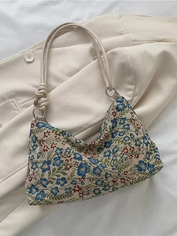 Damen Blumen Jacquard Leinwand Unterachseltasche Vintage Hobo Umhängetasche Mit Geknotetem Gurt