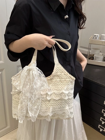 Damen Spitze Lagenlook Rüschen Tote Bag Romantische Französische Schultertasche Mit Großer Schleife