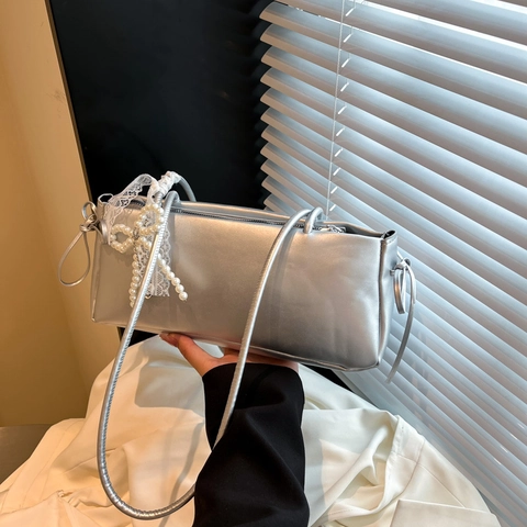 Koreanisch Mode Schleife Perle Unterarmtasche Für Damen PU Leder Umhängetasche Süß Spitze Herz Anhänger Baguette Tasche