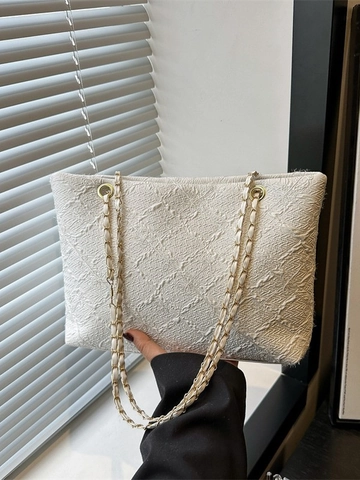 Grote Dames Tote Bag Getextureerde Jacquard Stof Schoudertas Met Metalen Kettingriem Trendy Woon-Werkverkeer Handtas