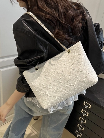 Grote Dames Tote Bag Getextureerde Jacquard Stof Schoudertas Met Metalen Kettingriem Trendy Woon-Werkverkeer Handtas