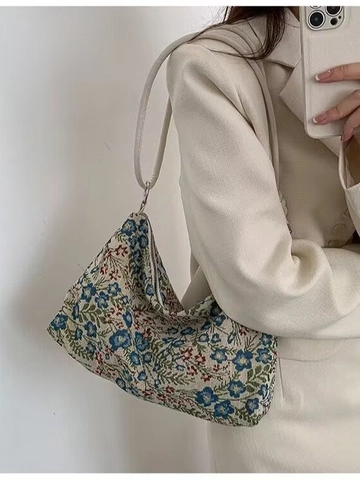 Damen Blumen Jacquard Leinwand Unterachseltasche Vintage Hobo Umhängetasche Mit Geknotetem Gurt