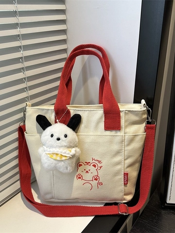 Τσάντα Canvas Tote Crossbody Bucket Σχέδιο Αρκουδάκι Χερούλι Αντίθεσης Ρυθμιζόμενος Ιμάντας Φερμουάρ Ώμου Με Λούτρινο