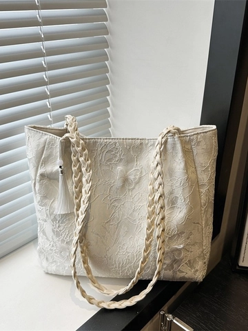 Women Embroidered Butterfly Tote Bag Large Capacity Jacquard Fabric Bag With Tassel Woven Handle For School Daily Use