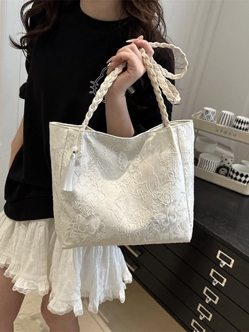 Women Embroidered Butterfly Tote Bag Large Capacity Jacquard Fabric Bag With Tassel Woven Handle For School Daily Use