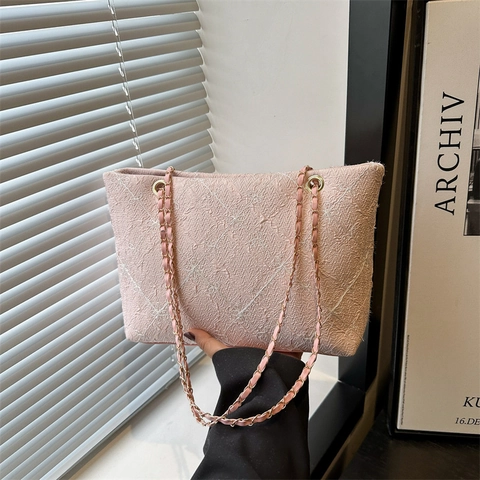 Borsa Tote Jacquard da Donna Grande Capacità Borsa a Tracolla a Griglia Strutturata Con Tracolla a Catena in Metallo Elegante