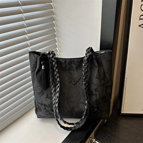 Women New Chinese Style Butterfly Embroidered Tote Bag Large Capacity Jacquard Shoulder Handbag With Braided Straps Tassels