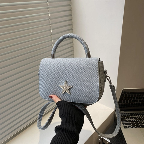 Elegante Bolso de Hombro con Textura Tejida Decoración de Estrella con Strass Bolso Cuadrado Cruzado Correa de Cadena Bolso Pequeño
