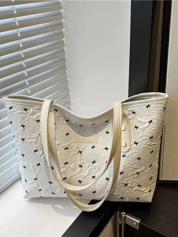 Dames Grote Capaciteit Draagtas Geplooide Canvas Stof Strik Print Schoudertas Synthetisch Leer Handvat Klinknagel Decor Tas