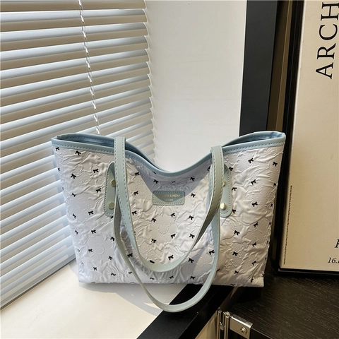 Women Tote Bag PU Leather Large Capacity Pleated Quilted Texture Bow Print Commuter Shoulder Handbag Sweet Fashion Casual