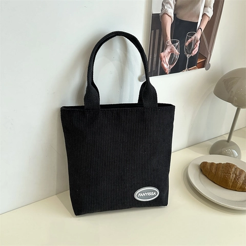 Women Casual Corduroy Tote Bag Vintage Korean Style Solid Color Vertical Square Handbag With FANYISSA Logo Patch For Daily Shopping