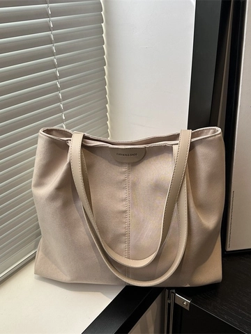 Women's Large Capacity Canvas Tote Bag Minimalist Urban Commuter Shoulder Bag With Leather Patch Solid Color Handbag