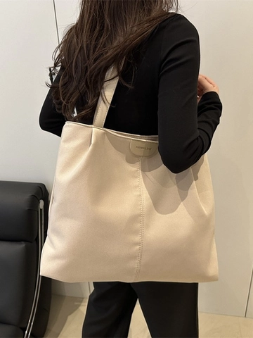 Women's Large Capacity Canvas Tote Bag Minimalist Urban Commuter Shoulder Bag With Leather Patch Solid Color Handbag
