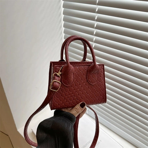 Mini Sac à Main pour Femmes en Cuir PU Tissé Motif Crocodile Sac Bandoulière Carré Avec Bandoulière Réglable Métal Doré