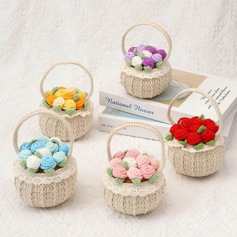 Handmade Crochet Rose Flower Basket Knitted Woolen Desktop Decor Cute Lace Mini Artificial Floral Gift For Home Car