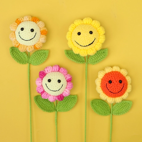 Girasol De Ganchillo Hecho A Mano Flores Artificiales Tejidas Cara Sonriente Hilo Floral Hogar Mesa Decoración Regalo