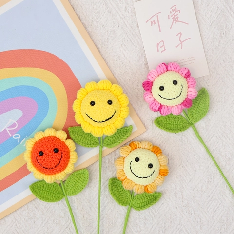 Girasol De Ganchillo Hecho A Mano Flores Artificiales Tejidas Cara Sonriente Hilo Floral Hogar Mesa Decoración Regalo