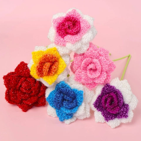 Handmade Crochet Glitter Rose Artificial Flower With Stem Sparkly Yarn Knitted Flowers Bouquet For Valentine's Day Home Wedding Decor