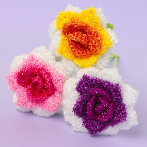 Handmade Crochet Glitter Rose Artificial Flower With Stem Sparkly Yarn Knitted Flowers Bouquet For Valentine's Day Home Wedding Decor