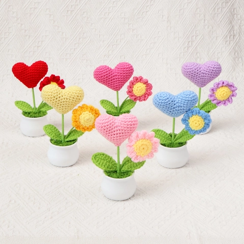 Planta En Maceta De Flores De Ganchillo Hecha A Mano Corazón Margarita De Punto Decoración De Escritorio Regalo
