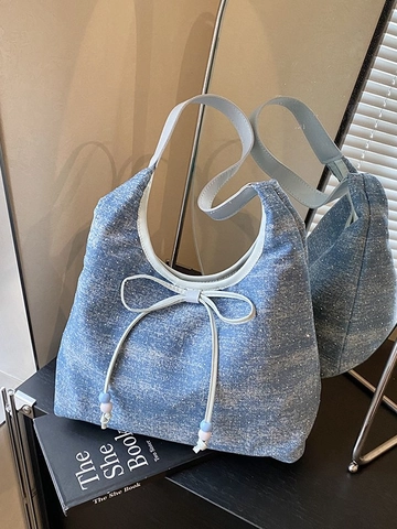 Borsa A Spalla In Denim Da Donna Decorazione Fiocco E Perline Grande Capacità Sottobraccio Tote Tessuto Brillante