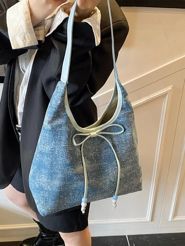 Borsa A Spalla In Denim Da Donna Decorazione Fiocco E Perline Grande Capacità Sottobraccio Tote Tessuto Brillante