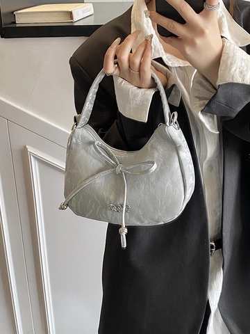 Niche Design Pleated PU Leather Hobo Bag For Women Sweet Bow Decor Shoulder Crossbody Bag Adjustable Strap Versatile Bag