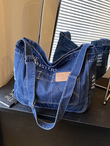 Borsa Tote In Denim Vintage Grande Capacità Borsa A Spalla Con Cerniera Tasche Streetwear Casual Borsa A Tracolla Donna