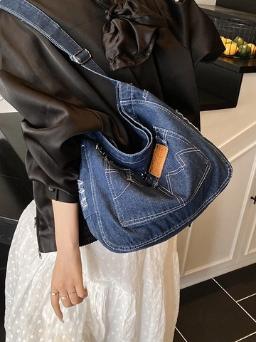 Borsa Tote In Denim Vintage Grande Capacità Borsa A Spalla Con Cerniera Tasche Streetwear Casual Borsa A Tracolla Donna