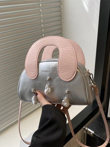 Women Metallic Silver Crossbody Bag PU Leather Handbag With Artificial Baroque Pearl Charms Contrast Wide Handle Chic Y2K Style
