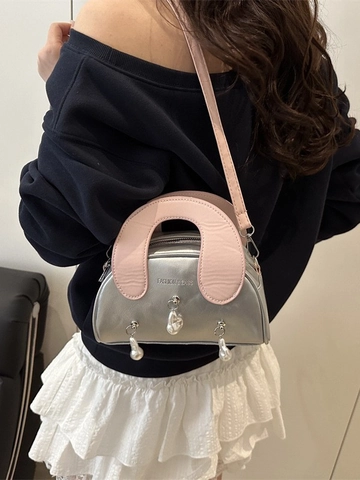 Women Metallic Silver Crossbody Bag PU Leather Handbag With Artificial Baroque Pearl Charms Contrast Wide Handle Chic Y2K Style