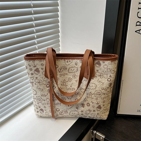Damen Große Kapazität Gewebte Tote Bag PU Lederband Cartoon Blumen Graffiti Muster Lässige Sommer Strand Schultertasche